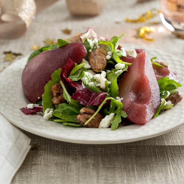 Red Wine Poached Pear Salad - Menu of our NYE Dinner for 2.