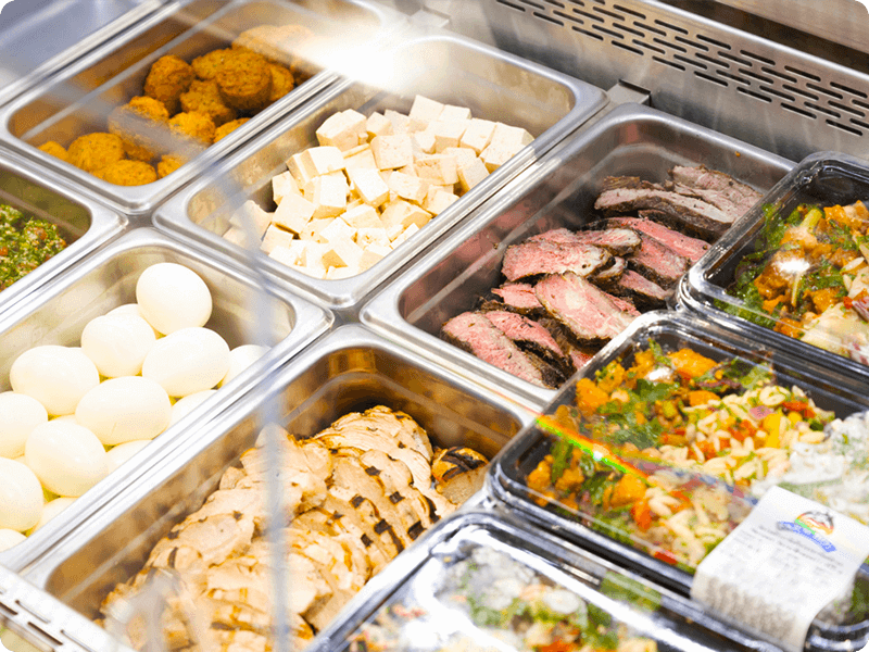 Fresh salad bar protein offerings include boiled eggs, grilled lean meat and more.