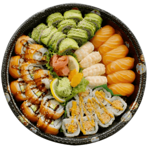 The Ah-So Emerald Platter—a mix of vibrant flavors and textures in every bite. This sushi selection promises a visually appealing and delicious experience, carefully crafted for your enjoyment. 10 Orange Dragon Maki 10 Green Dragon Maki 8 Spicy Crab Maki 6 Salmon Nigiri 6 Shrimp Nigiri
