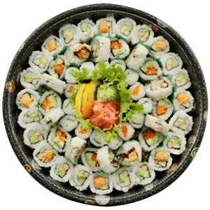 The Ah-So Gold Platter is a sushi sensation designed to delight. Dive into a delectable assortment of hand-rolled goodness, featuring: 16 California Maki 8 Spicy Crab Maki 8 Vegetarian Maki 10 Dynamite Maki 10 Cucumber Maki 8 Carrot/Assorted Maki