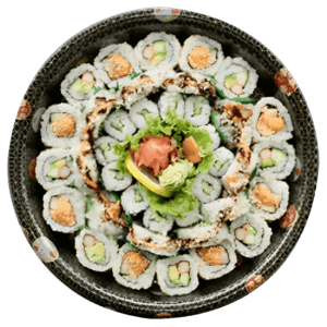 Ah-So Silver Sushi platter, a flavourful ensemble designed to elevate your sushi cravings • 8 California Maki • 8 Spicy Crab Maki • 10 Dynamite Maki • 12 Cucumber Maki