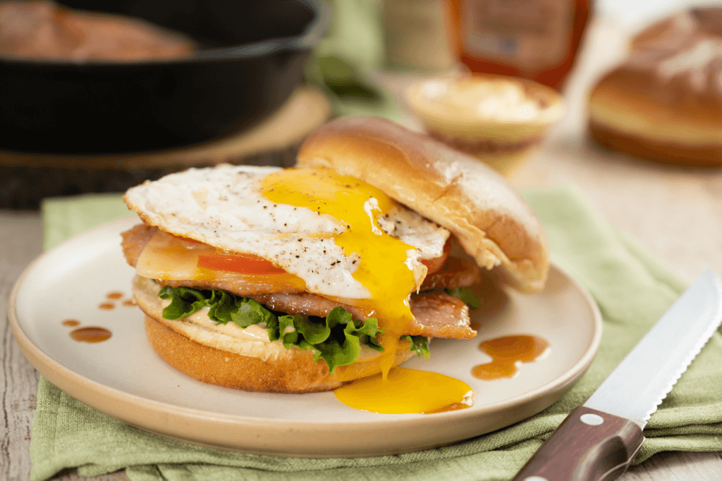 The image shows a stoneware plate with a breakfast sandwich. The breakfast sandwich is made of a brioche burger bun, lettuce, tomato, maple bacon, and a runny sunny side-up egg.