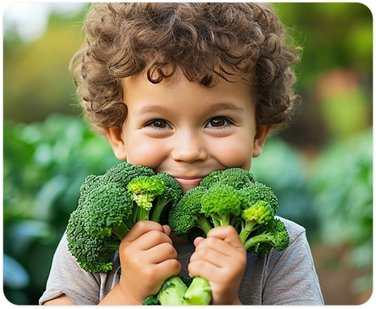 small boy holding broccoli