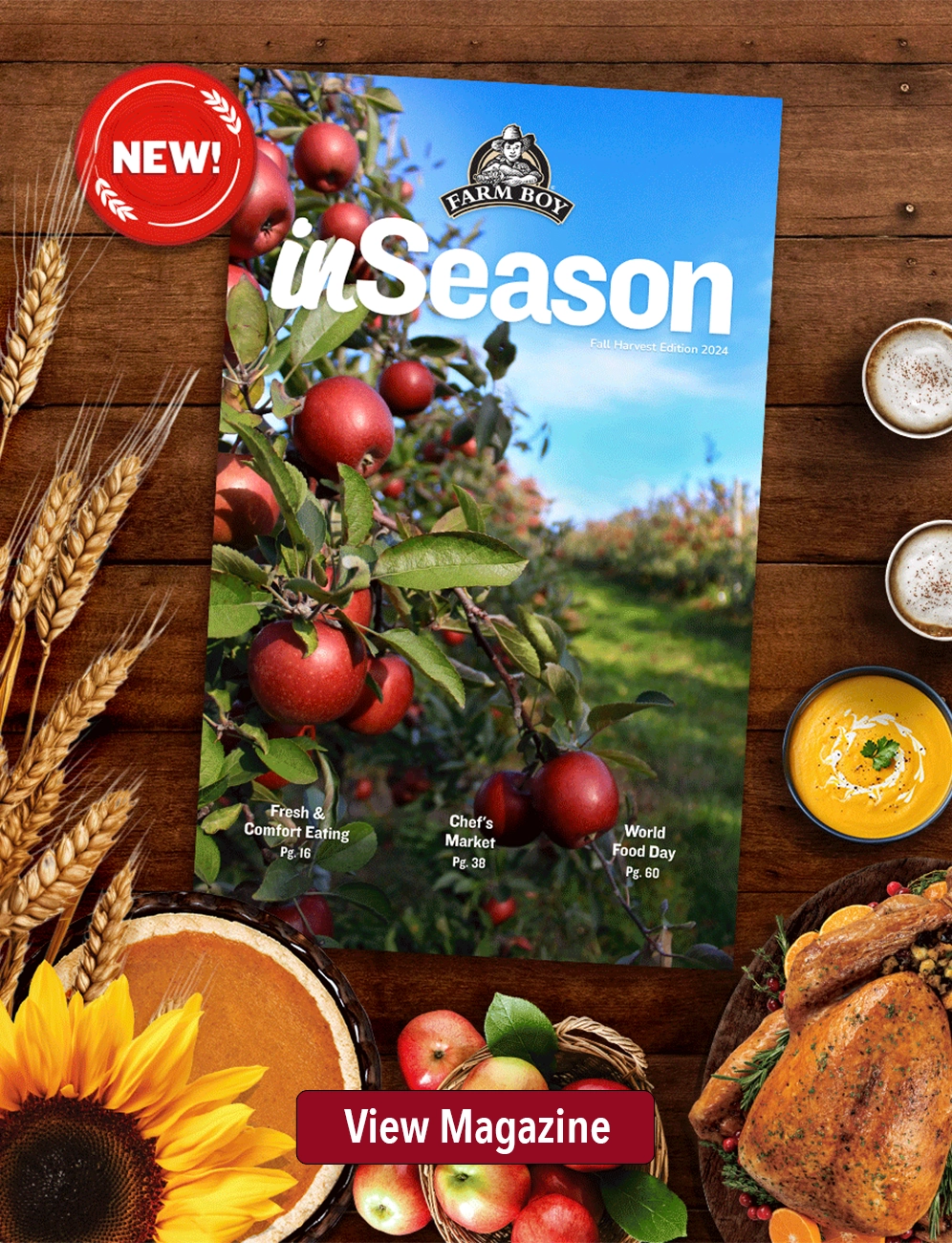 Discover what we have in store this fall season with our latest inSeason digital magazine - image of the magazine cover on a wooden fall themed background.