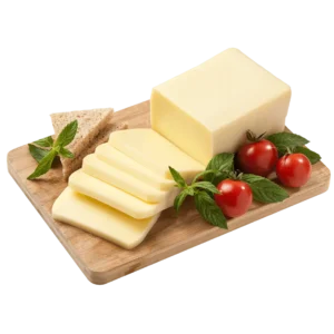 Slices of Mozzarella cheese on a board. 