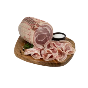 Slices of Mild Pancetta on a serving board.