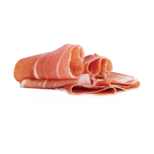 Slices Prosciutto n a white background. 