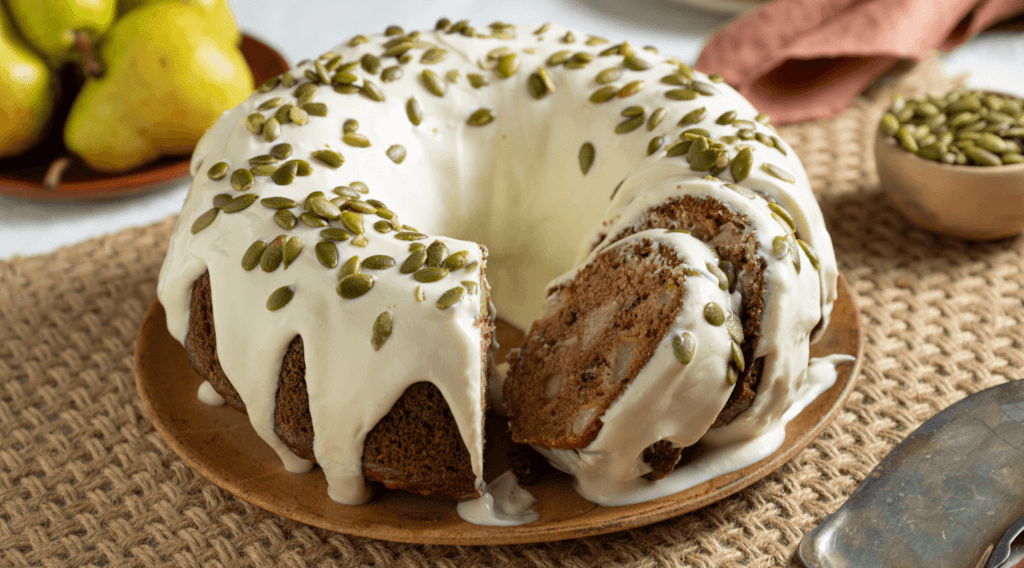 Old Fashioned Pear Spice Bundt Cake with cream cheese glaze and one slice removed.