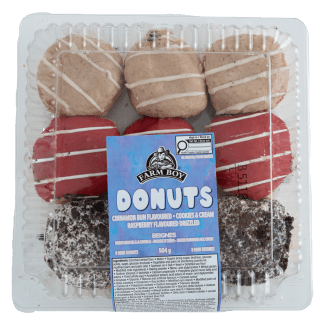 Farm Boy™ Cinnamon Bun Flavoured, Cookies&Cream, & Raspberry Donuts (504 g)