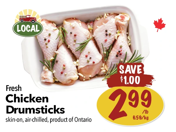 Fresh chicken drumsticks for $2.99 per pound. Save $1.00.