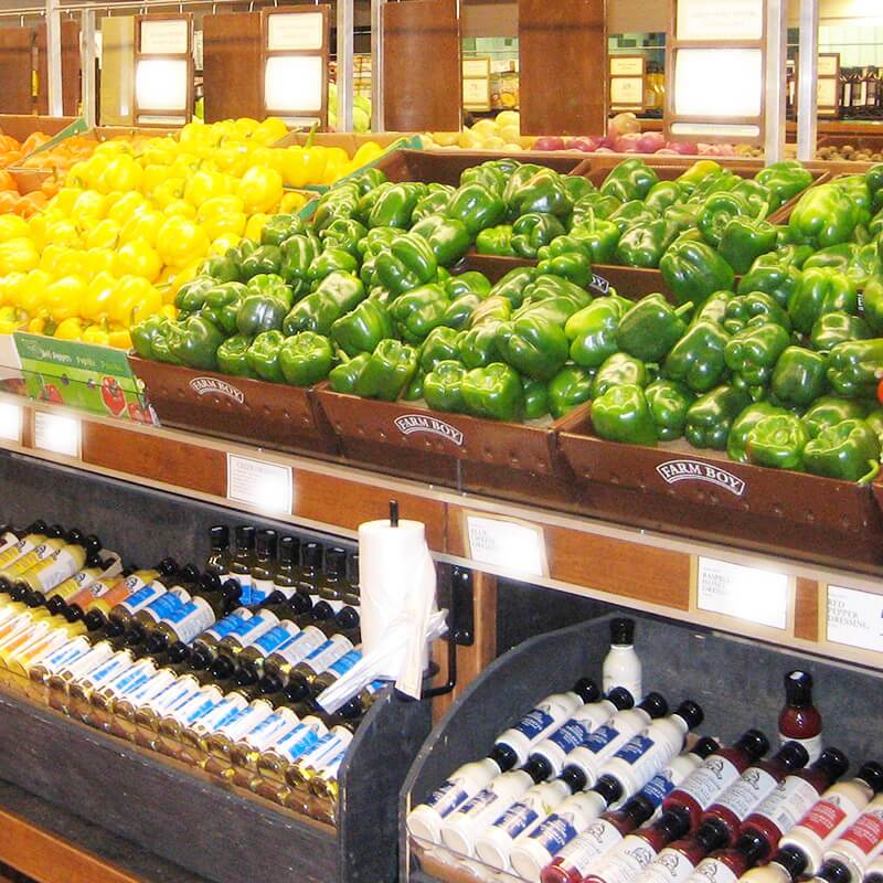 Produce Aisle at Farm Boy Hillside. Fresh green peppers display is shown.