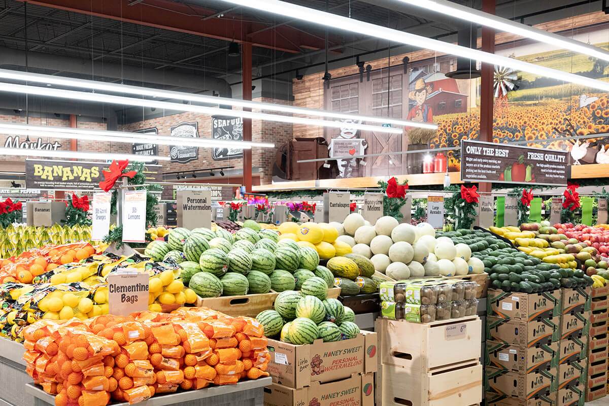 This image shows the inside of one of our stores, stocked with produce.