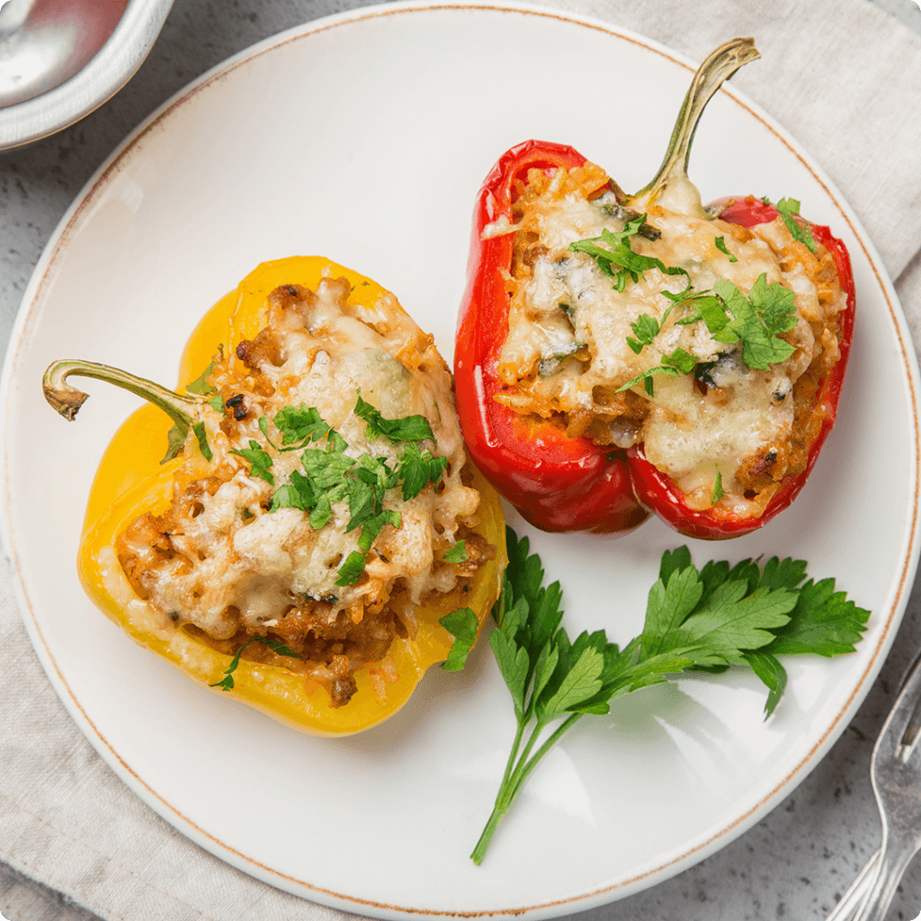 Two stuffed bell peppers on a white plate. The peppers are filled with a ground meat mixture and topped with cheese. These stuffed peppers are available at Farm Boy.