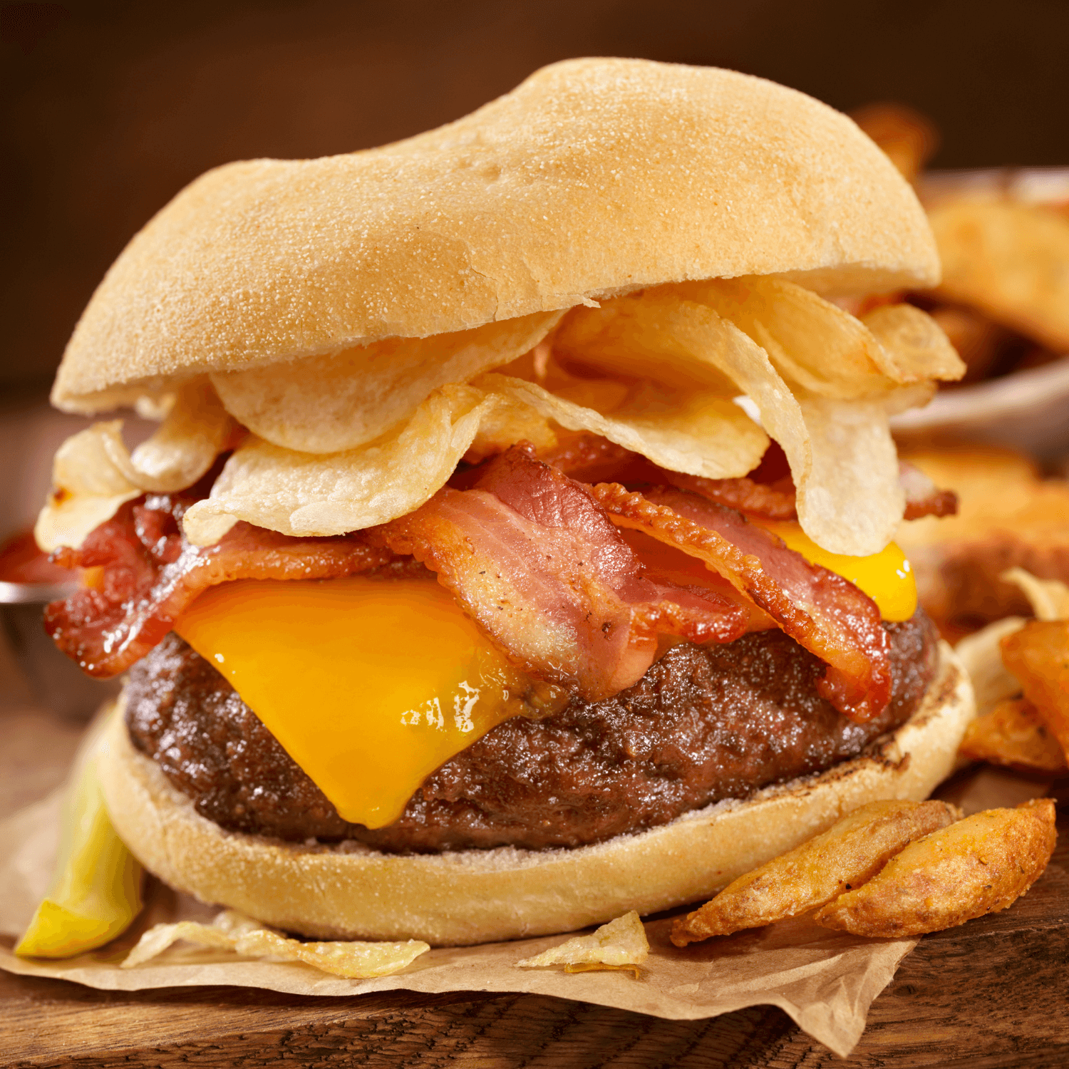 burger with potato chips