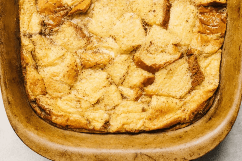 Closeup of casserole dish of French toast bake for brunch