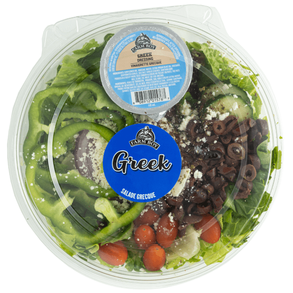 Fresh salad: Farm Boy™ Greek Salad. The salad has black olives, grape tomatoes, sliced green peppers, romaine lettuce, and a sprinkle of feta cheese visible.