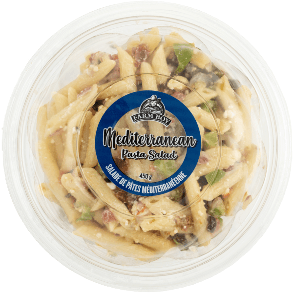 Farm Boy™ Mediterranean Pasta Salad. The salad has cooked penne pasta, red and green bell peppers, and feta cheese visible.