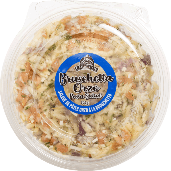 Farm Boy™ Bruschetta Orzo Pasta Salad container. The salad has a mix of orzo pasta, tomatoes, and feta cheese visible.