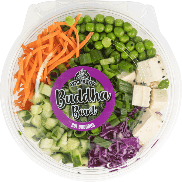 Farm Boy™ Buddha Bowl. The bowl container shredded carrots, peas, chopped cucumber, tofu cubes, and red cabbage visible.