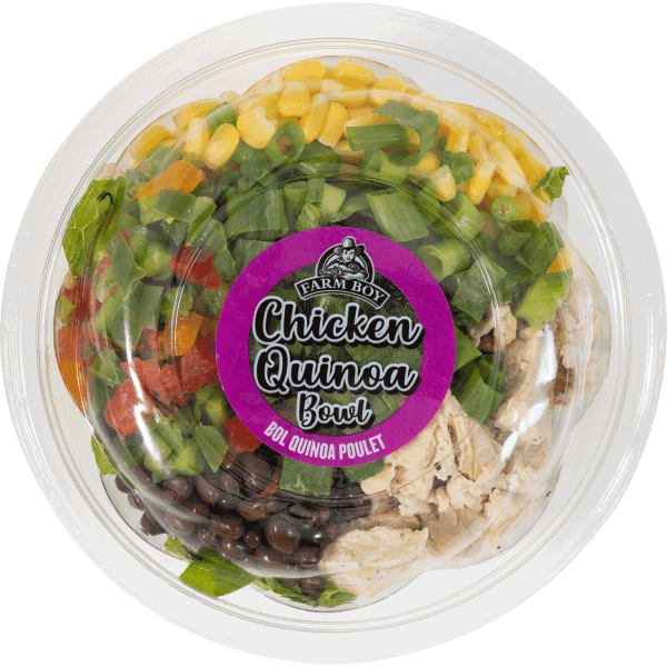 Farm Boy™ Chicken Quinoa Bowl. The bowl has red and green peppers, corn, black beans, and shredded cooked chicken visible.