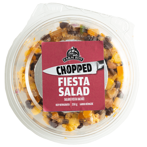 Farm Boy™ Chopped Fiesta Salad container. The salad has orange peppers, black beans, corn, and cheese.