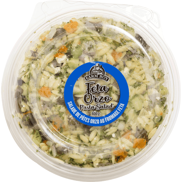 Farm Boy™ Feta Orzo Pasta Salad container. The salad has orange pepper, orzo pasta, olives, and feta cheese.