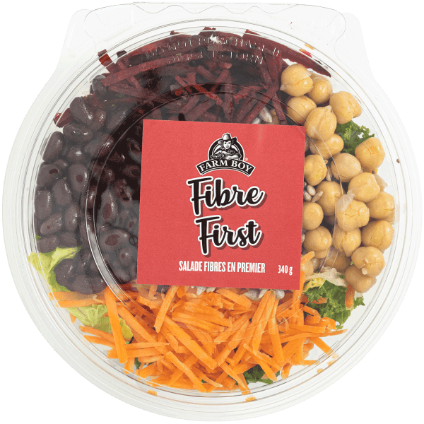 Fresh salad: Farm Boy™ Fibre First Salad. The salad has black beans, shredded beets, chickpeas, and shredded carrots visible.