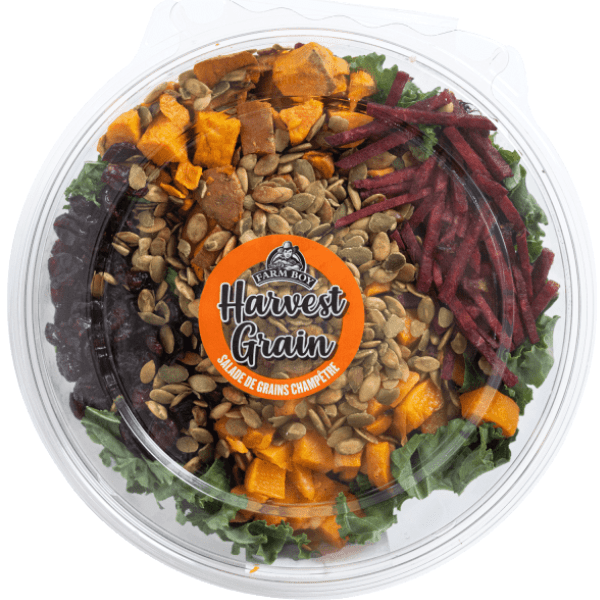 Fresh salad: Farm Boy™ Harvest Grain Salad. the salad has beets, roasted sweet potatoes, pumpkin seeds, and kale.