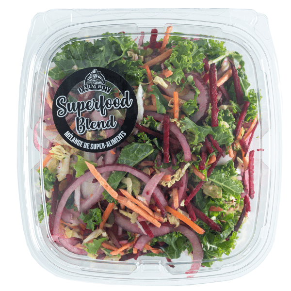 Fresh salad: Farm Boy™ Superfood Blend. the salad has kale, shredded carrots, shredded beets, and sliced red onion visible.