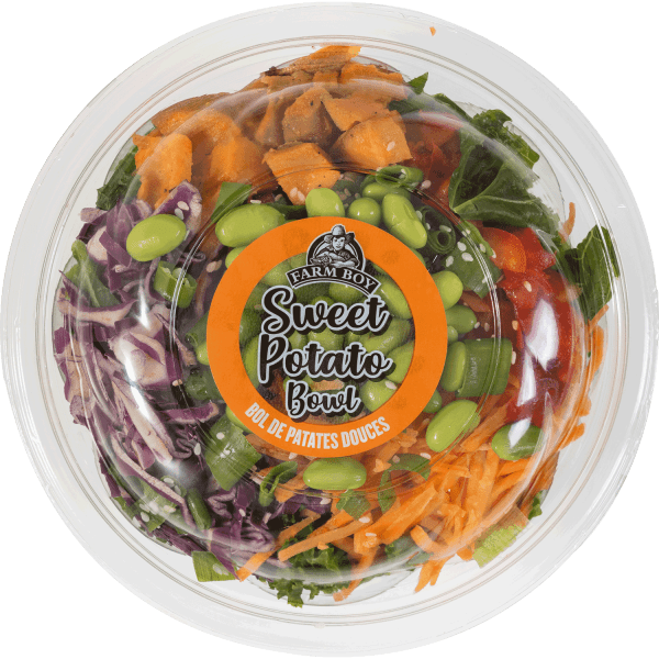 Farm Boy™ Sweet Potato Bowl. The bowl has roasted sweet potato chunks, shredded carrots, edamame, and red cabbage visible.