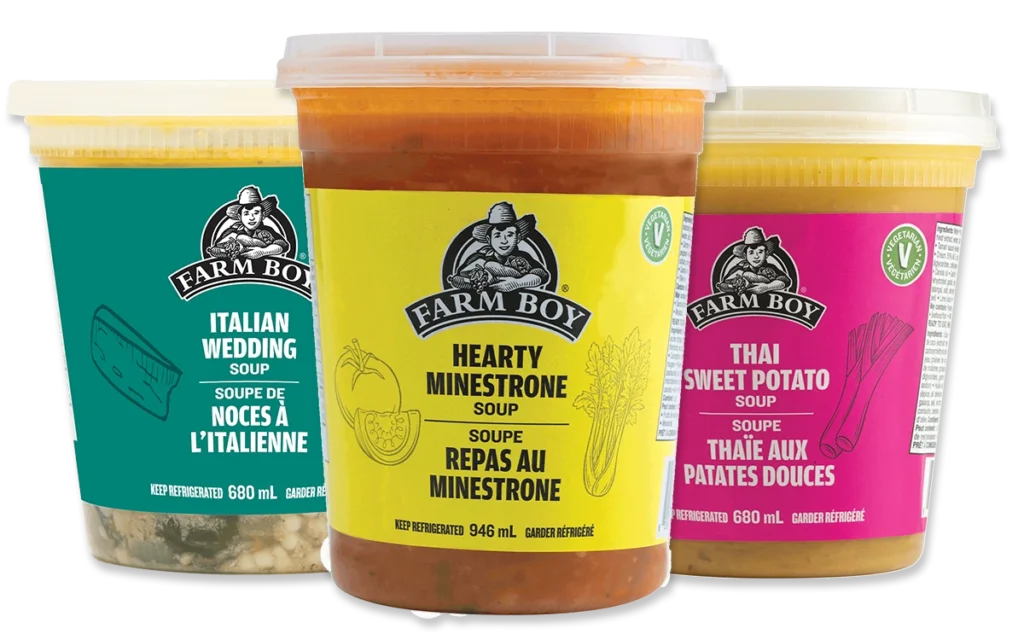 Farm Boy™ Italian Wedding Soup, Farm Boy™ Hearty Minestrone Soup and Farm Boy™ Thai Sweet Potato soup containers.