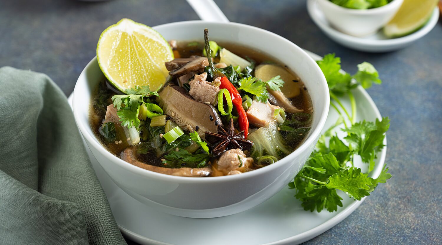 Chicken Soup with Mushrooms and Asian Greens