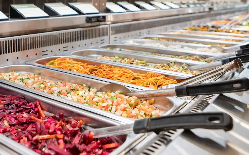 A salad bar with a variety of fresh vegetables and toppings displayed in stainless steel containers.