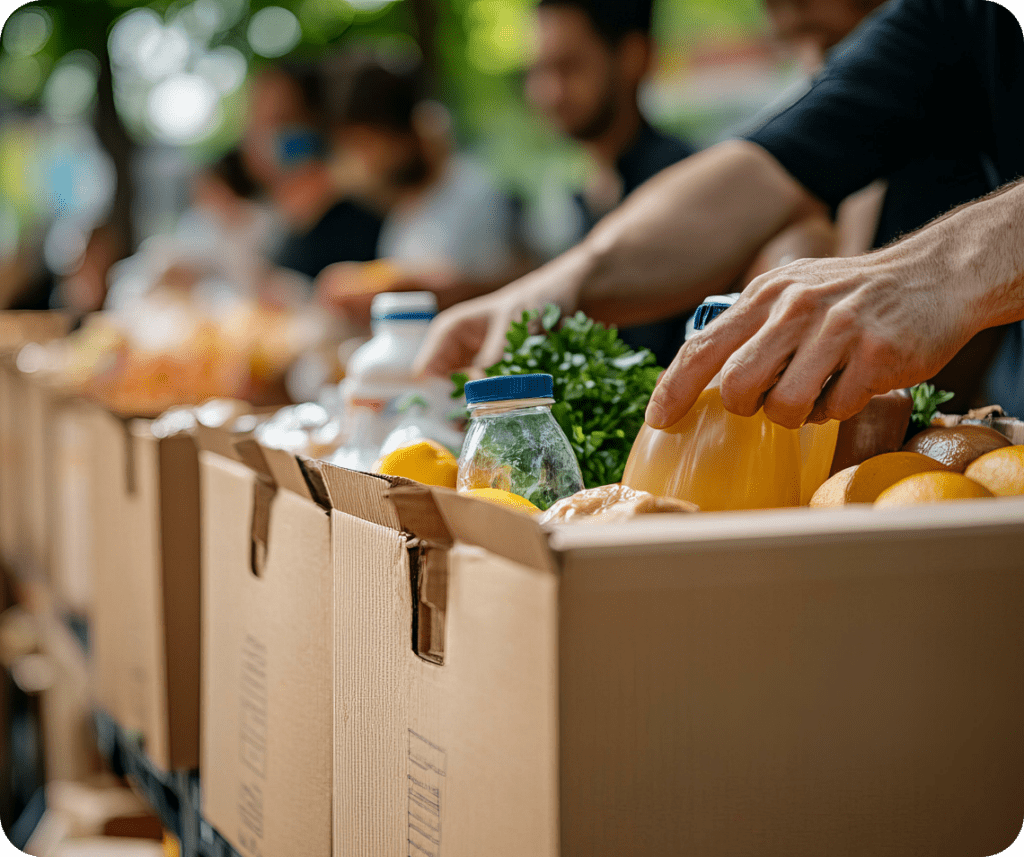 person placing food into a box along with others in the background