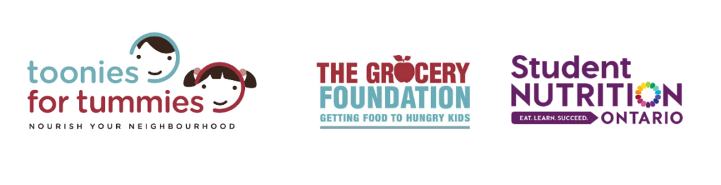 Logos of toonies for tummies, the grocery foundation and student nutrition Ontario.