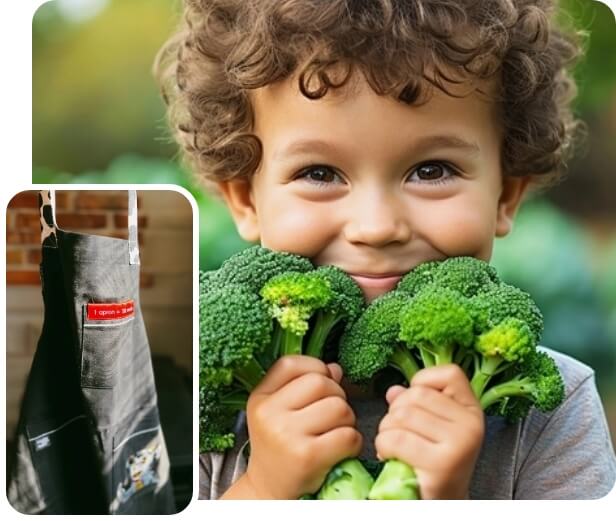 A collage of the farm boy aprons and picture of a kid holding broccoli in this hand.