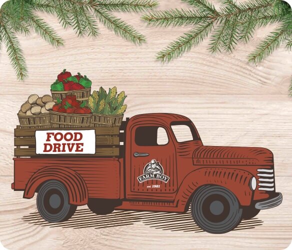 Holiday Food drive logo in partnership with Feed Ontario. Image of a red truck with loads of produce to be donated to a food drive.