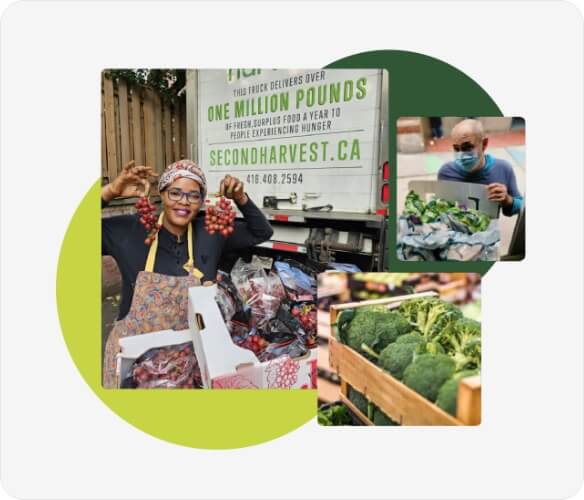 Collage of images showing a woman distributing food in front of a Second Harvest truck, a man holding a box of leafy greens, and a crate of fresh broccoli