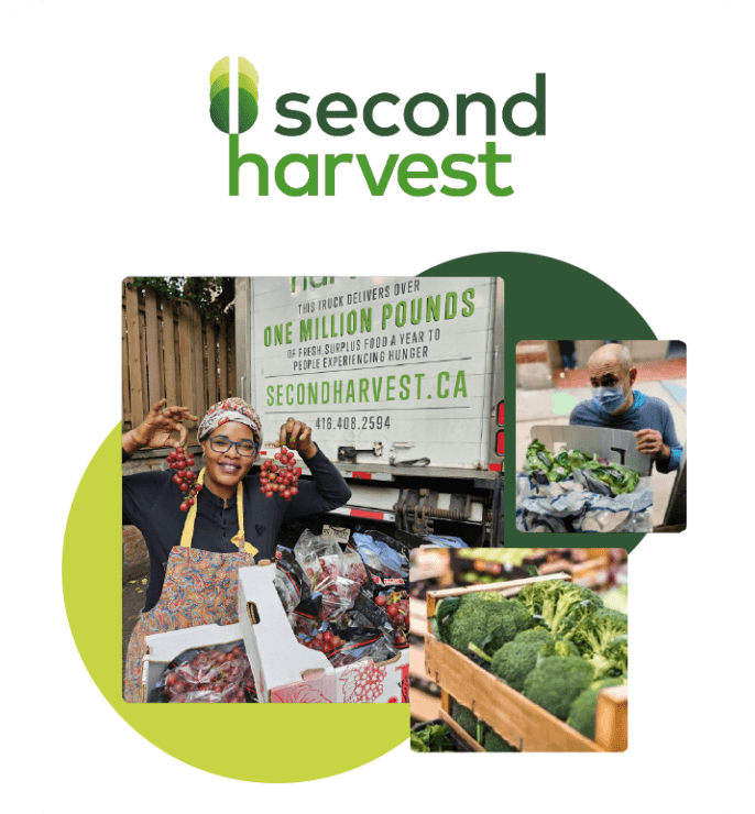 Collage of images showing a woman distributing food in front of a Second Harvest truck, a man holding a box of leafy greens, and a crate of fresh broccoli.