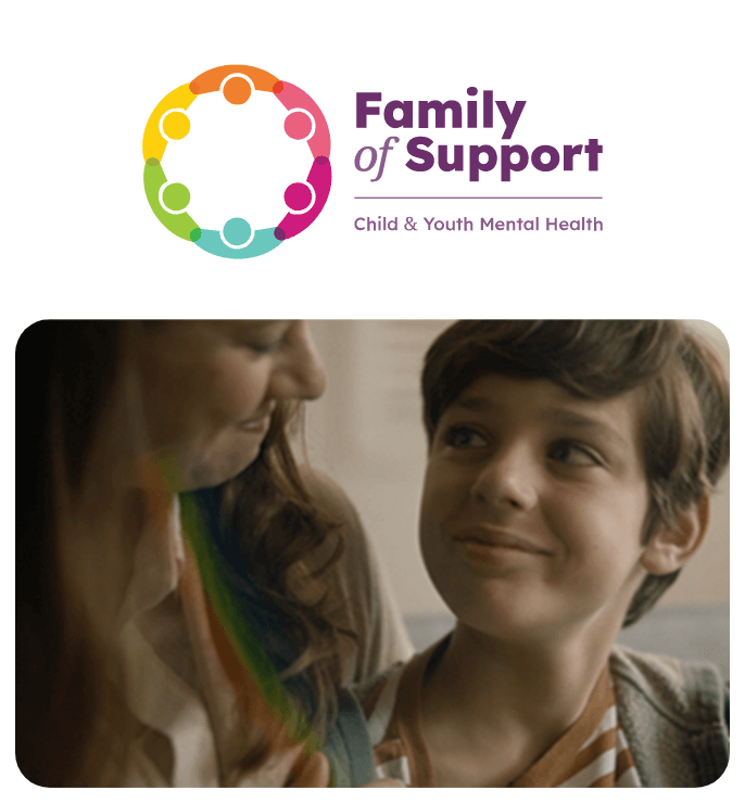 Family of Support program logo at the top and below that is an image of a mother and her child smiling at each other.