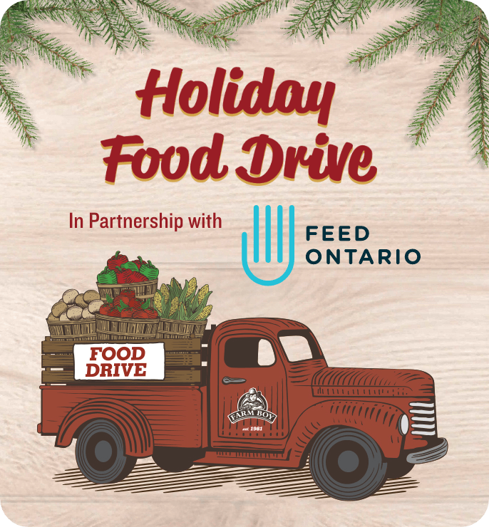 Holiday Food drive logo in partnership with Feed Ontario. Image of a red truck with loads of produce to be donated to a food drive.