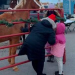 Two people petting a horse. 