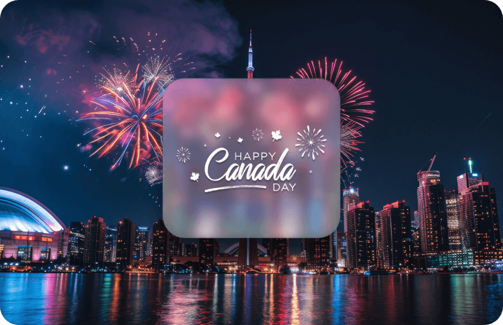 Logo of a Happy Canada icon over an image of the Toronto Skyline with fireworks.