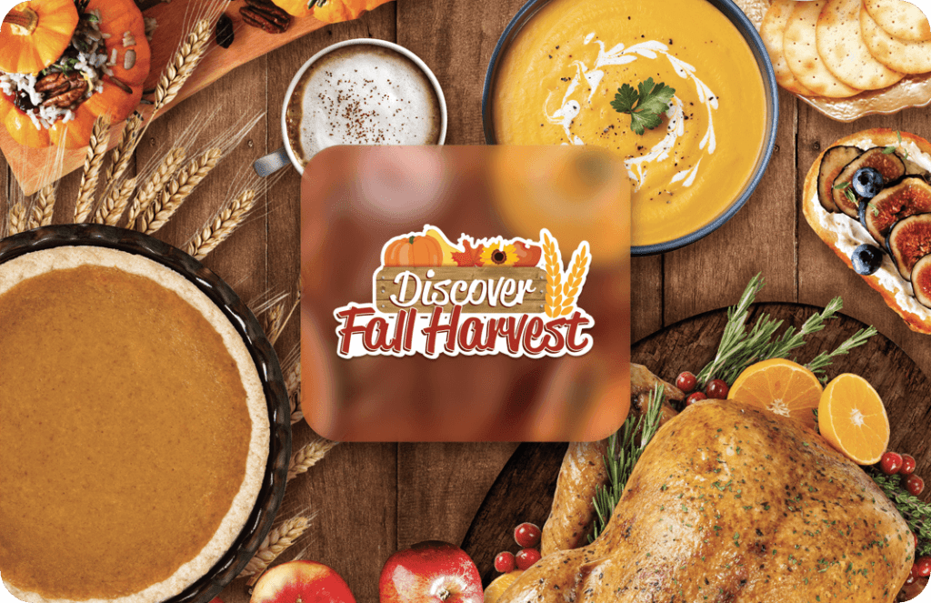 Logo for the Fall Harvest Campaign overtop a table of thanksgiving food.