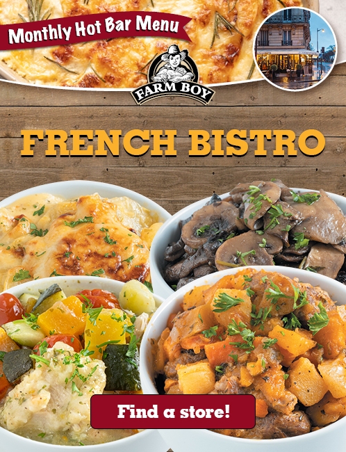 An image of your November Hop Bar Menu - French Bistro consisting of Leek and Potato Gratin, Lemon Tarragon Mushrooms, Chicken Ragout, Pork & Root Vegetable Ragout. Click to view more details about our hot bar.