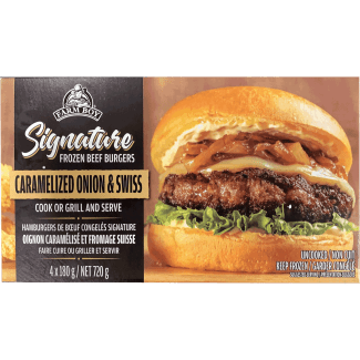 Farm Boy™ Caramelized Onion & Swiss Frozen Beef Burgers (4 x 180 g)