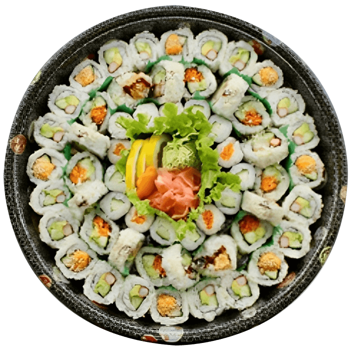 The Ah-So Gold Platter is a sushi sensation designed to delight. Dive into a delectable assortment of hand-rolled goodness, featuring: 16 California Maki 8 Spicy Crab Maki 8 Vegetarian Maki 10 Dynamite Maki 10 Cucumber Maki 8 Carrot/Assorted Maki
